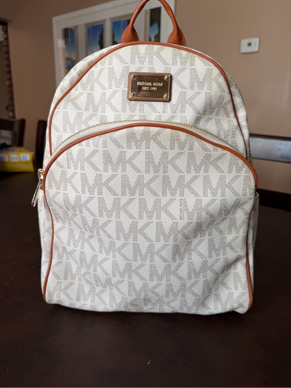 Michael Kors Signature MK Backpack Vanilla Brown Gold Tone